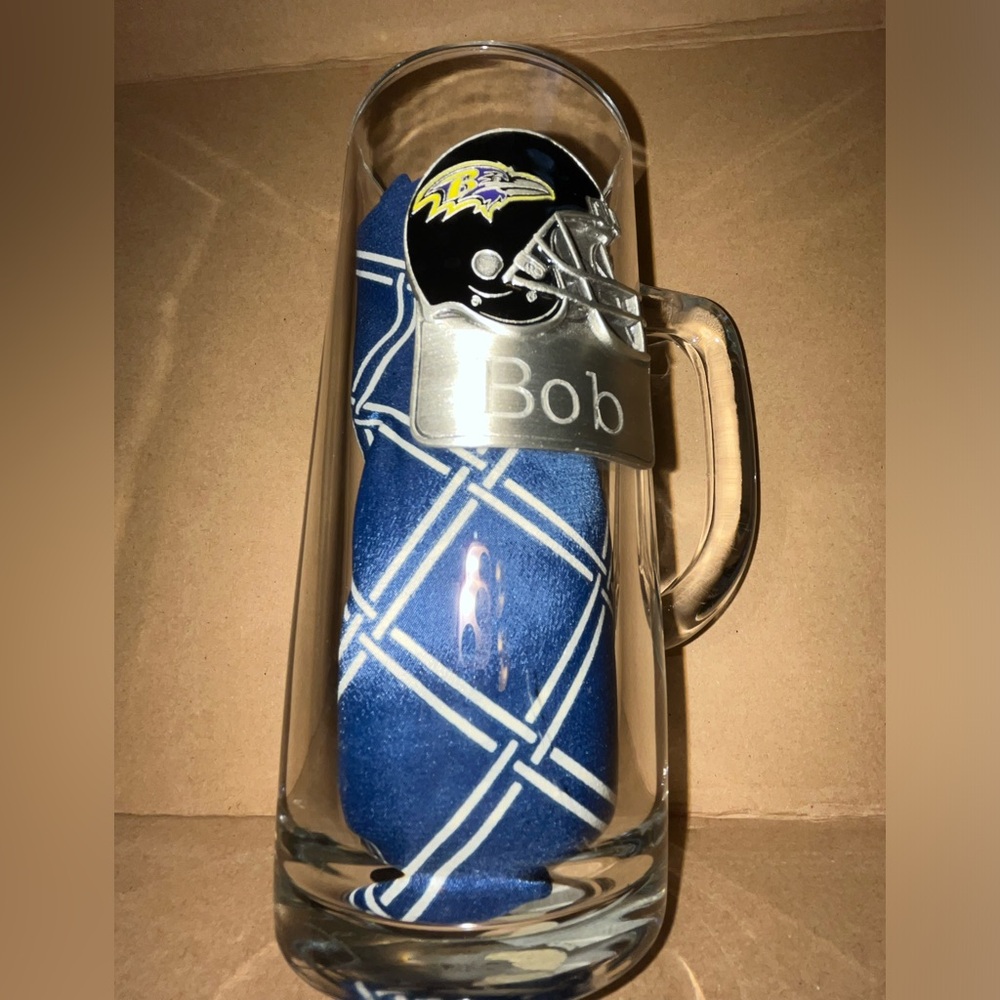 Baltimore Ravens Glass Tall Mug (Heavy) with Emblem  - NAME: BOB